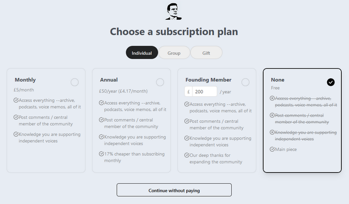 Subscription rates for Matthew Goodwins substack from £5 a month to £200 a year