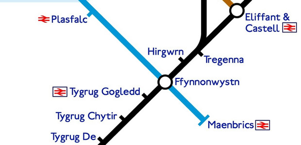 Brixton on the Welsh language tube map: Maenbrics is on the Fictoria line