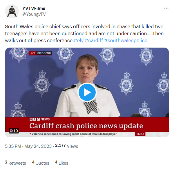 South Wales Police Chief says officers involved in fatal Cardiff crash have not been questioned under caution then walks out of press conference