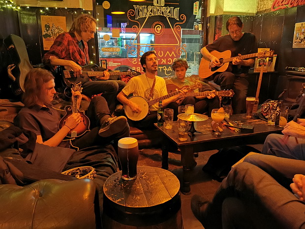 Banjos, mandolins and acoustic guitars at the Old Dispensary Monday Night Jam, Camberwell, south London