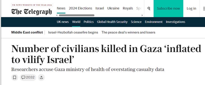 Telegraph headline ''Number of civilans killed in Gaza 'inflated to vilify Israel' ''