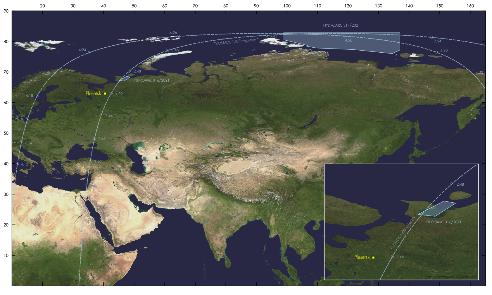 Coincidence of Kosmos 1408 (1982-092A) passes and active HYDROARC navigational warnings for staging/potential debris fields suggestive of a high inclination launch out of Plesetsk.