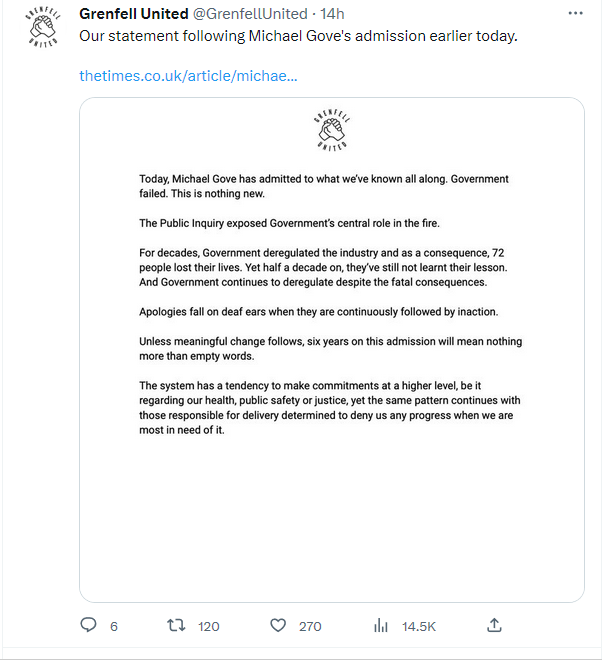 Grenfell United response to Gove's admission of Government responsibility for flawed building regulations