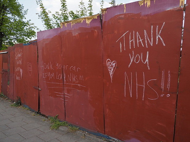 'Beep/Honk For The Doctors + Nurses' - Chalked on NHS tributes in Knight's Hill, SE27