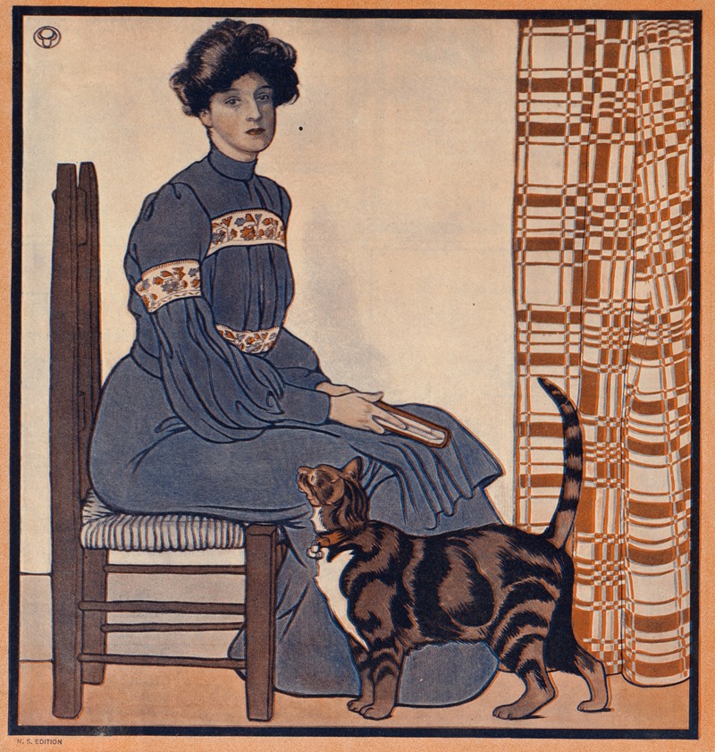 A beautiful color illustration of a white lady with her hair up in a voluminous bun and wearing a long blue dress, both distinctly Edwardian. She is sitting in a wooden chair and looking at the viewer with a flat, subtly exasperated expression. Beside her on the floor stand a lovely shorthaired classic brown tabby, looking brightly up at her with its tail perked up happily.