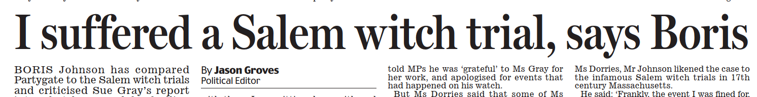 Daily Mail headline ''I suffered a Salem witch trial, says Boris''