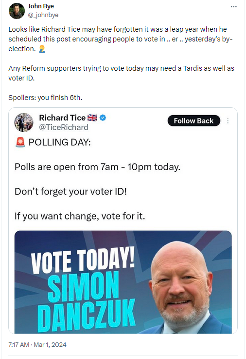 Screencap of x-tweet sent out today by Richard Tice asking people to vote for Danczuk in yesterdays by-election