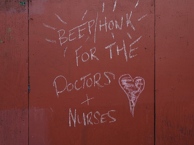 'Beep/Honk For The Doctors + Nurses' - Chalked on NHS tributes in Knight's Hill, SE27