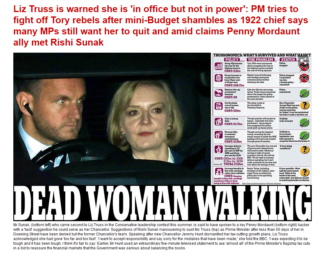 Daily Mail front page about Liz Truss Dead Woman Walking