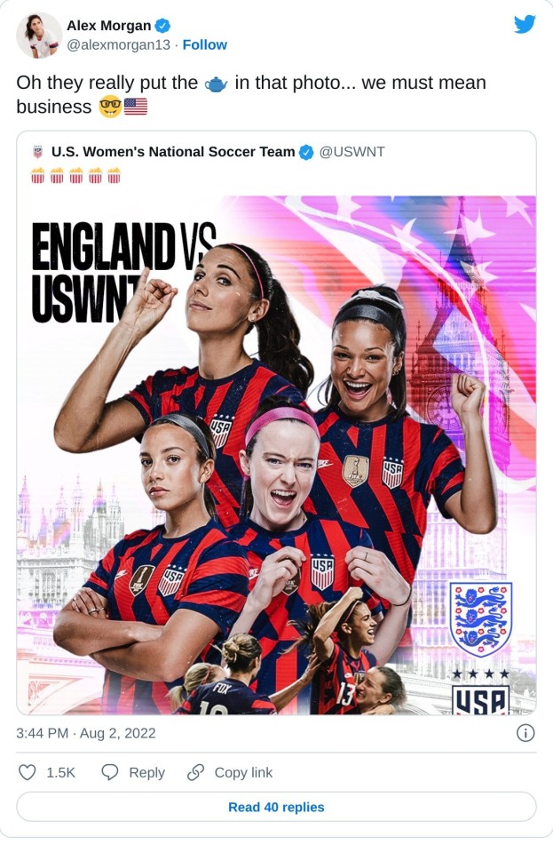 Alex Morgan's tea drinking celebration in promo pic for match v England