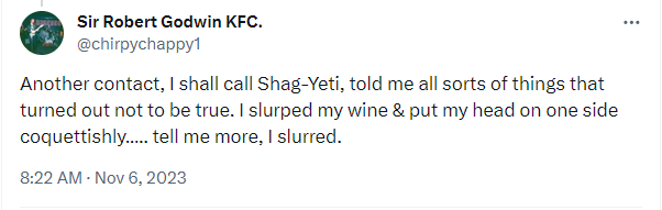 'Sir Robert Godwin KFC' x-tweets ''Another contact, I shall call Shag-Yeti (...)''