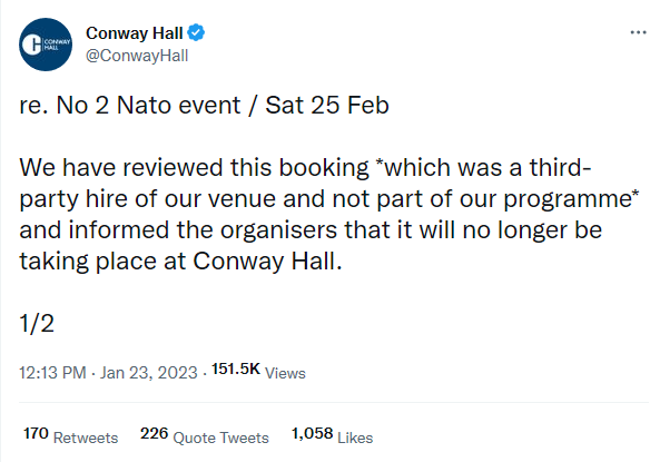 Conway Hall cancel booking for No 2 Nato meeting