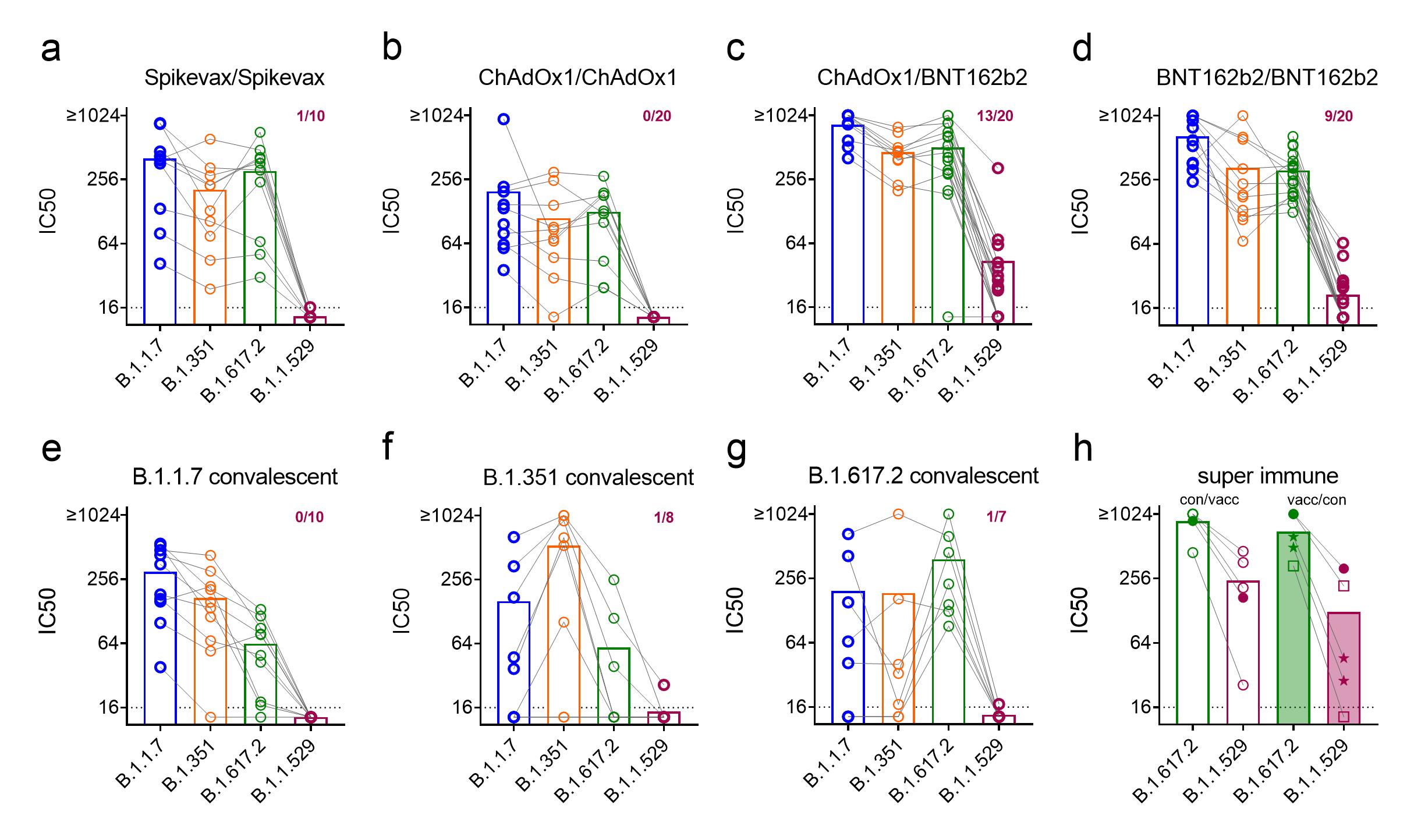 Neutralisation titres to alpha, beta, delta, omicron, for sera from various standard homologous vaccination regimens (a,b,d), heterologous AZ1222/BNT162b2, convalescents (e,f,g), and hybrid immunity (h).