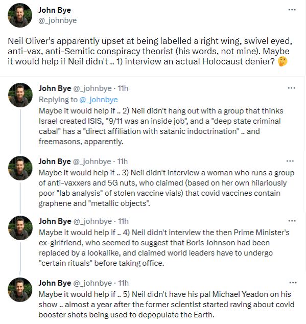 John Bye suggests how Neil Oliver can avoid being labelled ''a right wing, swivel eyed, anti-vax, anti-Semitic conspiracy theorist''