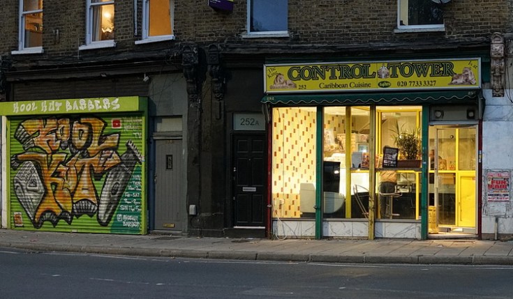 Loughborough Junction at night: shop fronts, signs and street scenes