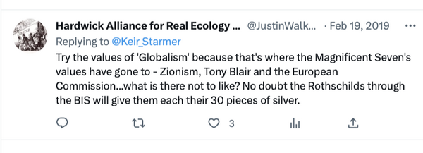 Hardwicke Alliance tweet alleging 'the Rothchilds' will give Zionists, Tony Blair and the EC ''30 pieces of silver''