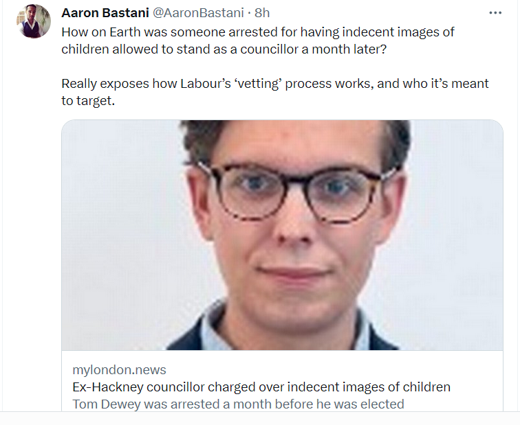 Screencap of Aaron Bastani tweet about man allowed to stand as a Labour councillor after being arrested for possession of child porn