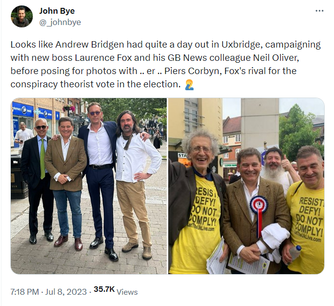 Andrew Bridgen the Reclaim Party's MP photographed in Uxbridge with Laurence Fox of Reclaim and Piers Corbyn who is a rival 'Let London Live' candidate