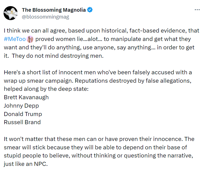 Blossoming Magnolia lists the innocent men destroyed by women's lies: Brett Kavanaugh,  Johnny Depp, Donald Trump, Russell Brand